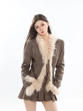 【23s October.】Suede Retro Long-sleeved Patchwork Fur Coat