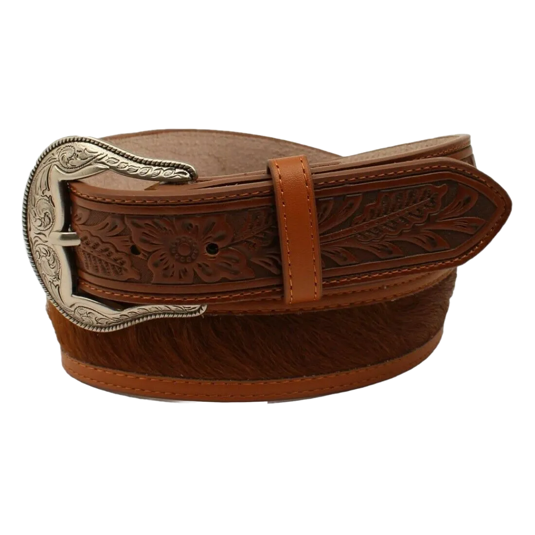 3D Men's Western Classic Tan Floral Embossed Calf Hair Belt DWC1413