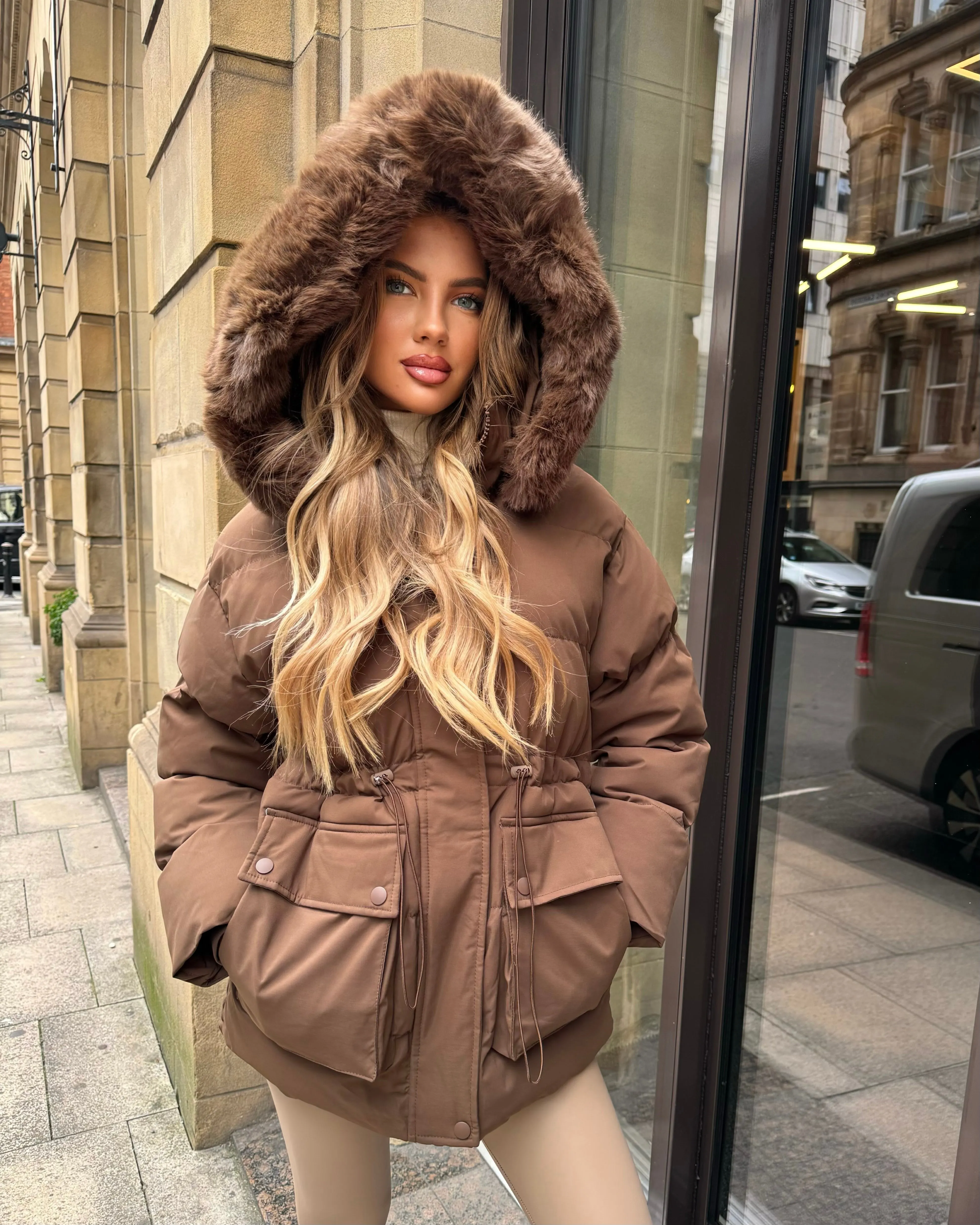 Aaliyah Padded Faux Fur Hooded Coat - Chocolate