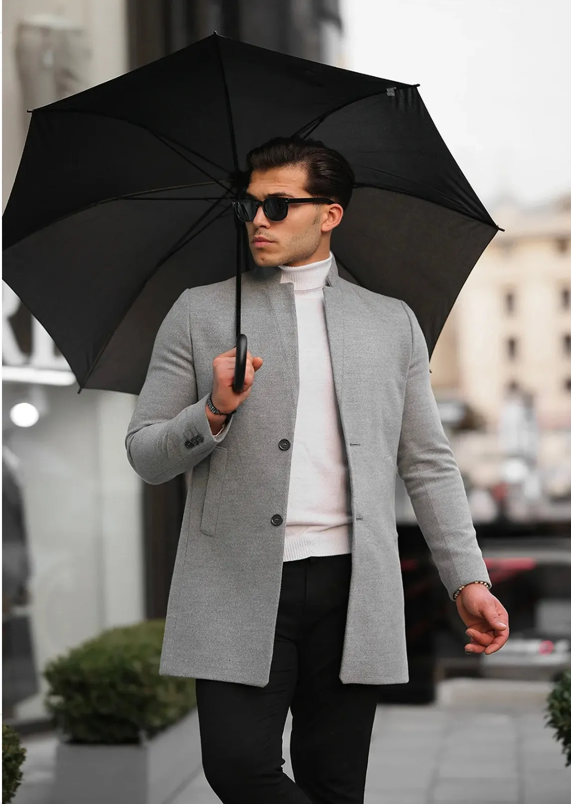 [Adam] Light Grey Single-Breasted Pea Coat – 100% Wool