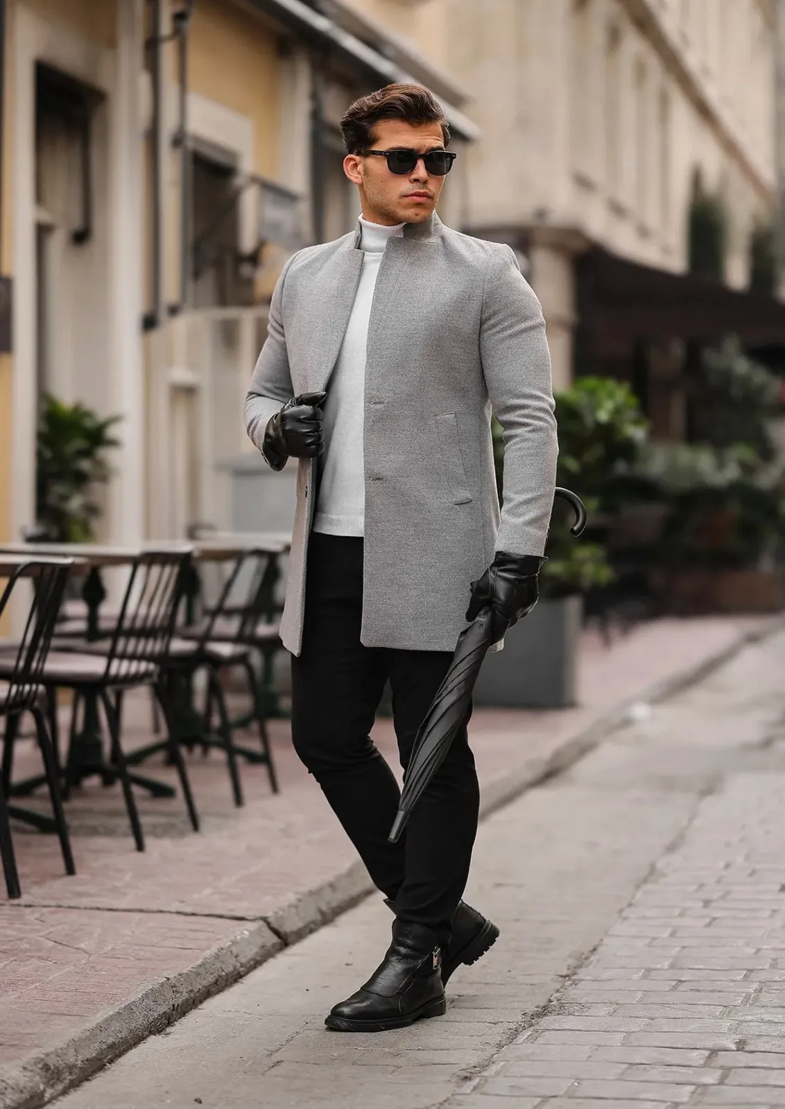 [Adam] Light Grey Single-Breasted Pea Coat – 100% Wool