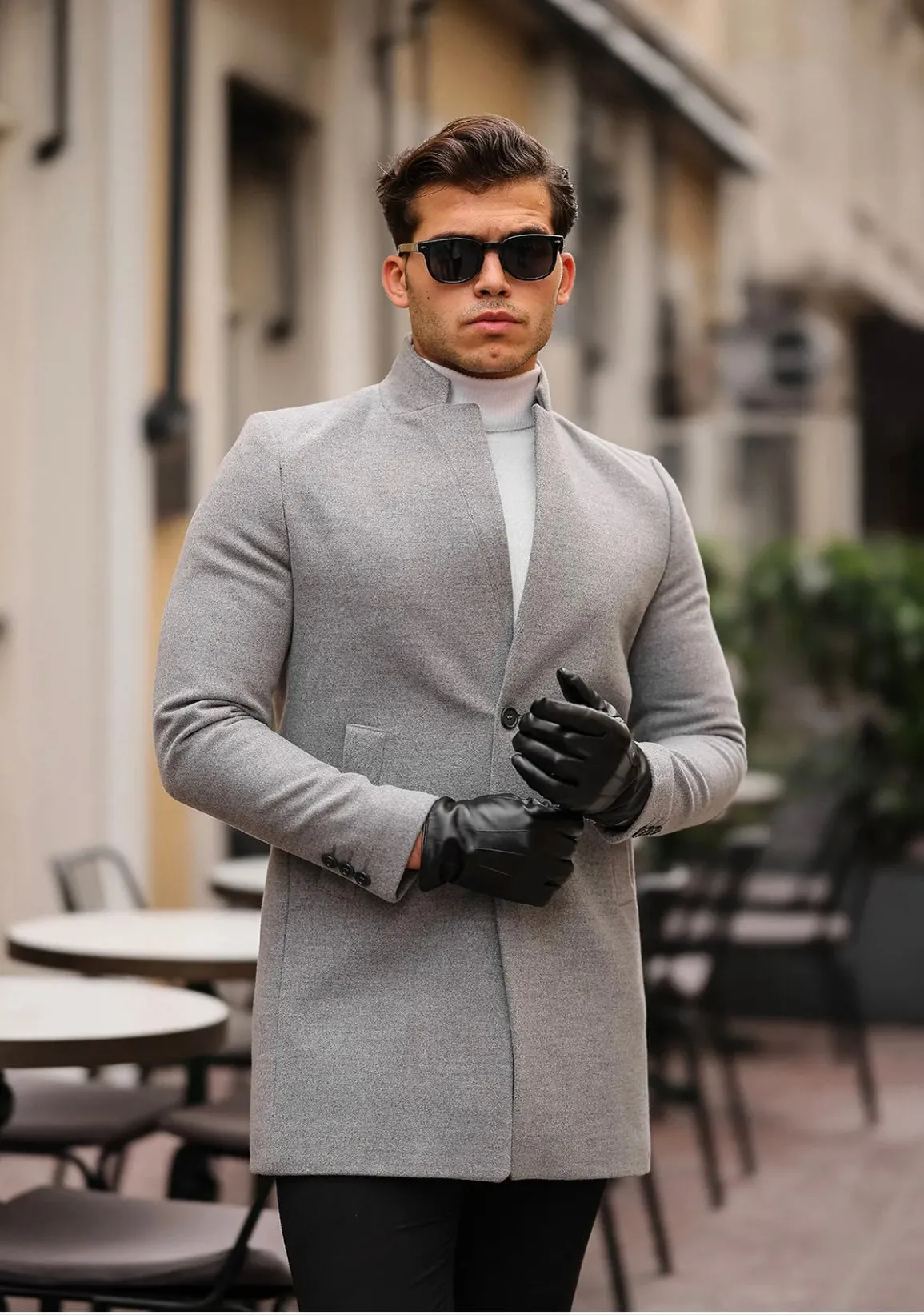 [Adam] Light Grey Single-Breasted Pea Coat – 100% Wool