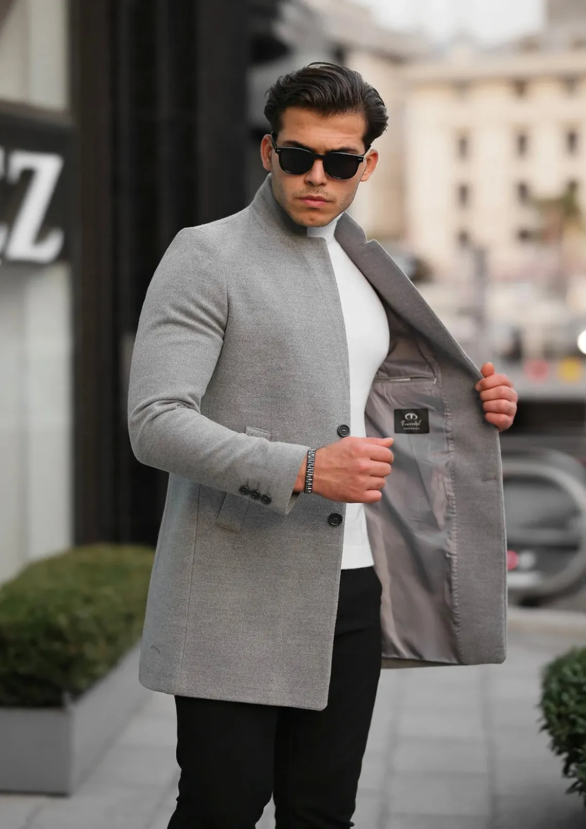 [Adam] Light Grey Single-Breasted Pea Coat – 100% Wool