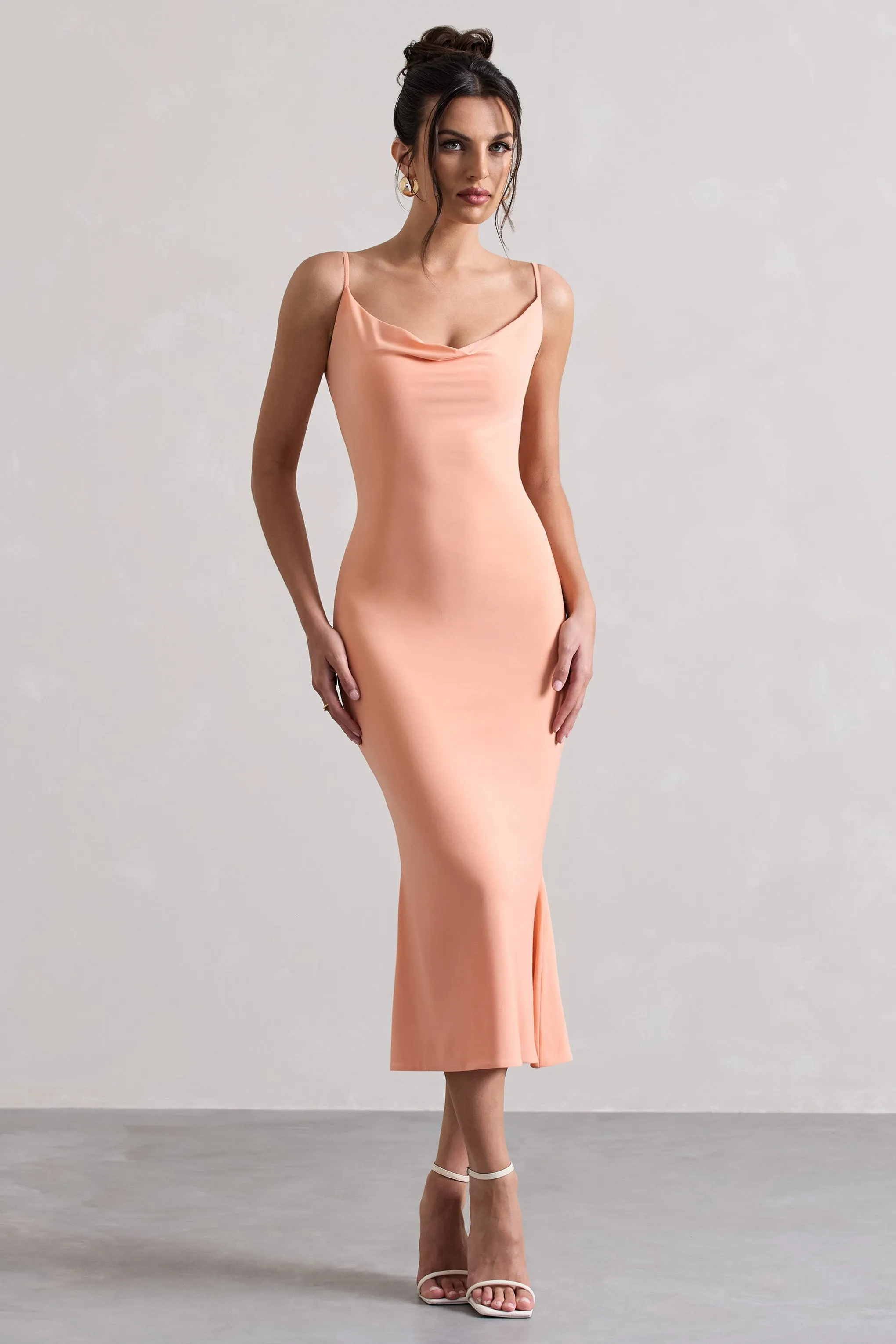 Addison | Coral Cowl-Neck Open-Back Midi Dress With Lace