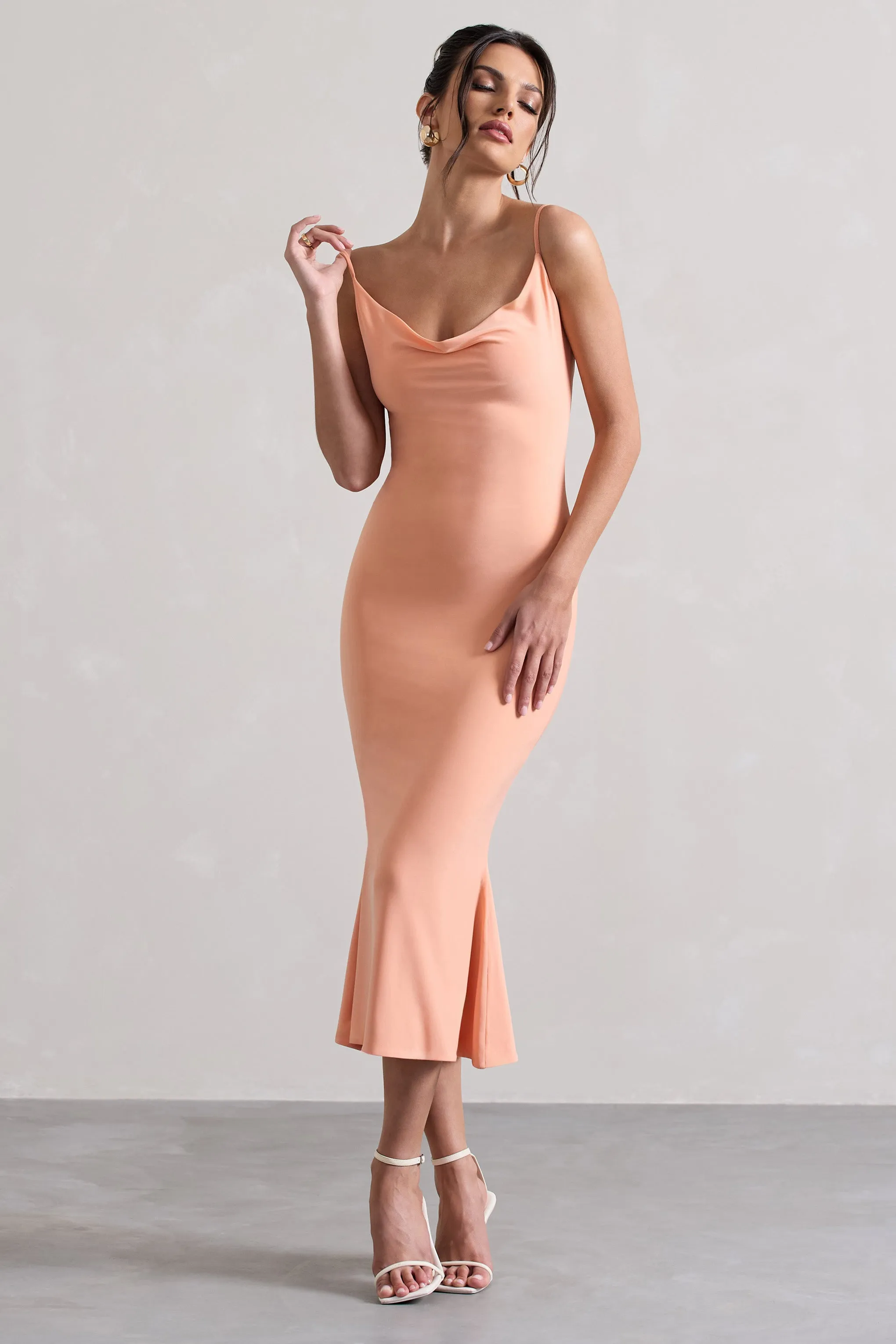 Addison | Coral Cowl-Neck Open-Back Midi Dress With Lace