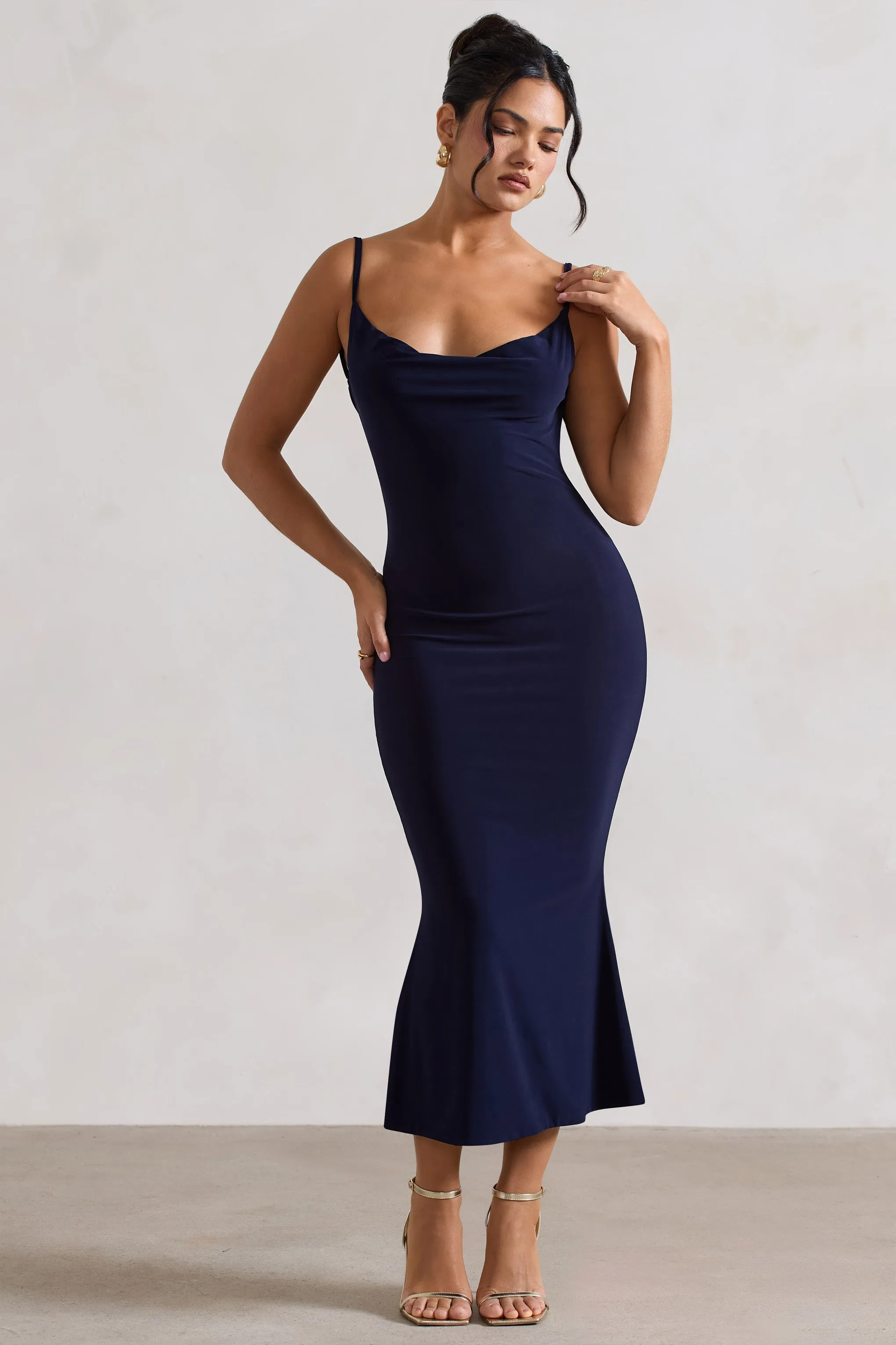 Addison | Navy Cowl-Neck Open-Back Midi Dress With Lace