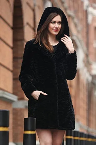 Adelaqueen Women's Winter Persian Lamb Fabulous Faux Fur Coat Stylish Outerwear Black With Hood Size S