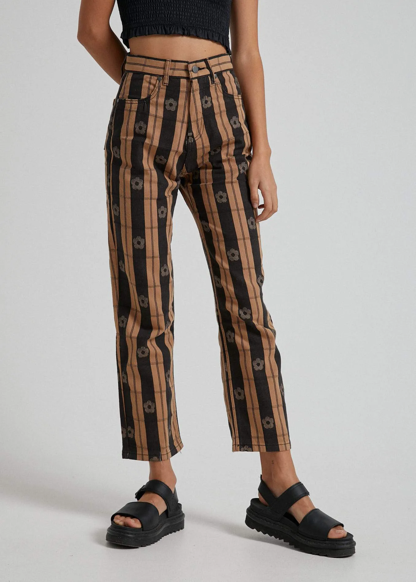 Afends Womens Shelby Poppy Check - High Waist Wide Leg Jeans - Black & Tan