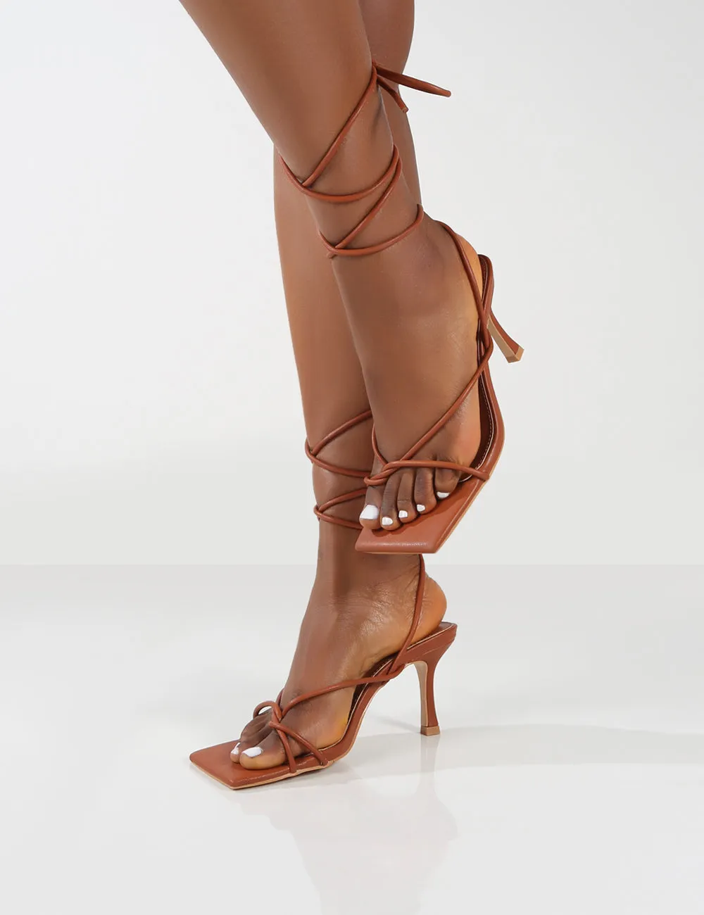 Amber x Public Desire Minimale WF Tan PU Twist Front Strappy Heel