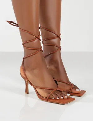 Amber x Public Desire Minimale WF Tan PU Twist Front Strappy Heel