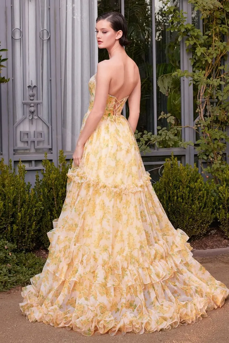 Andrea & Leo Couture A1430 Yellow Ruffle A Line Puff Sleeve Dress Slit Pleated Layer Ballgown