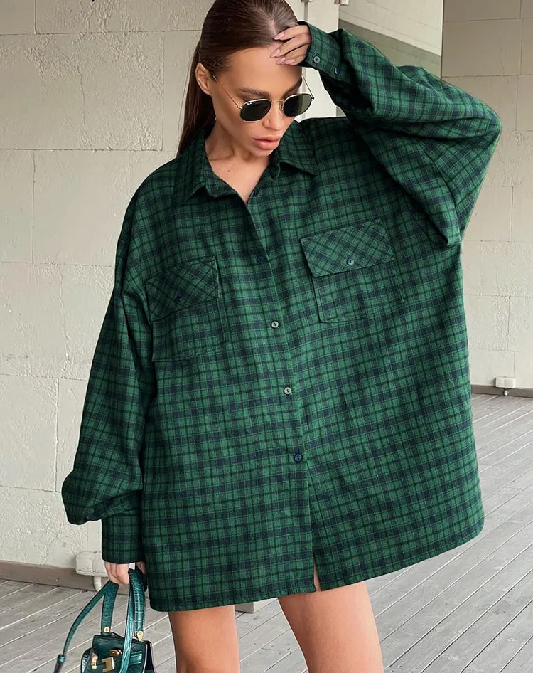 ASHORE SHOP Green Shacket Oversize Shirts Women Dropped Shoulder Street Style Plaid Blouses