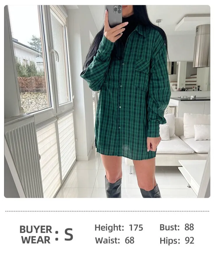 ASHORE SHOP Green Shacket Oversize Shirts Women Dropped Shoulder Street Style Plaid Blouses