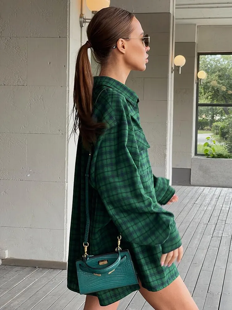 ASHORE SHOP Green Shacket Oversize Shirts Women Dropped Shoulder Street Style Plaid Blouses