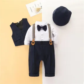 Autumn Baby Boy New Vest   Hat  Long-sleeve Top   Suspender Trousers Set Wholesale Baby Clothes