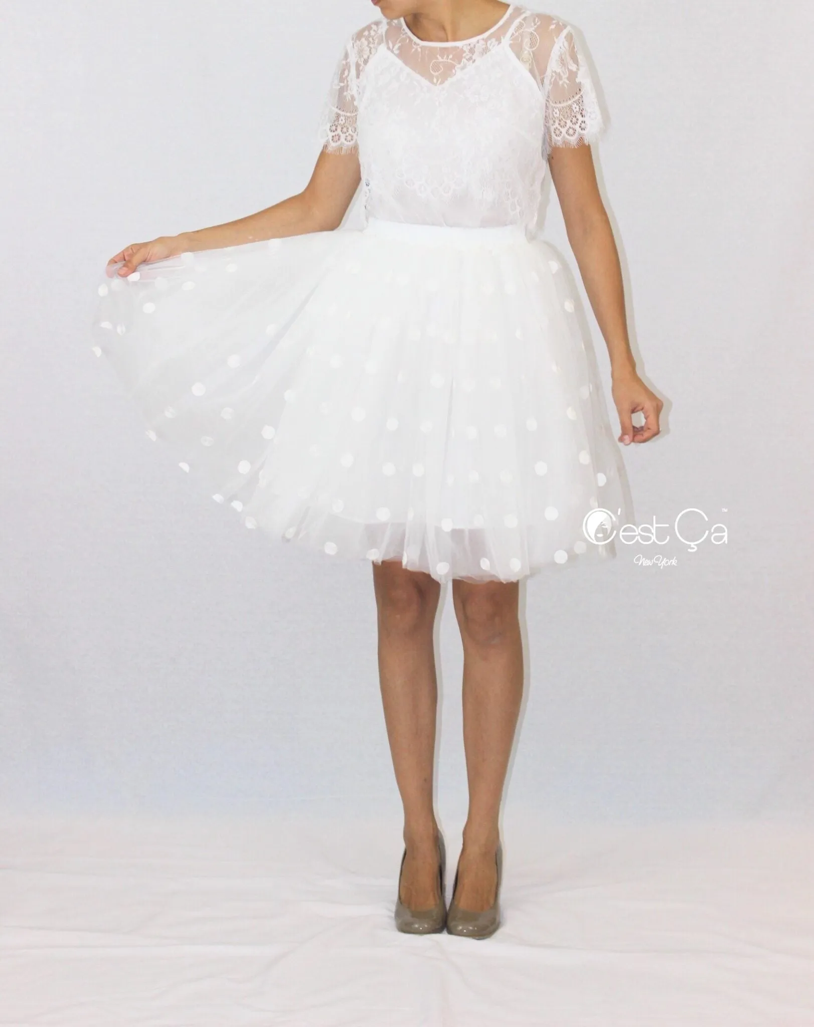 Babette White Polka Dot Tulle Skirt - Petite Midi