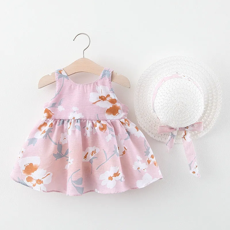 Baby Flower Pattern Bow Patched Design Sling Dress In Summer With Hat by MyKids-USA™