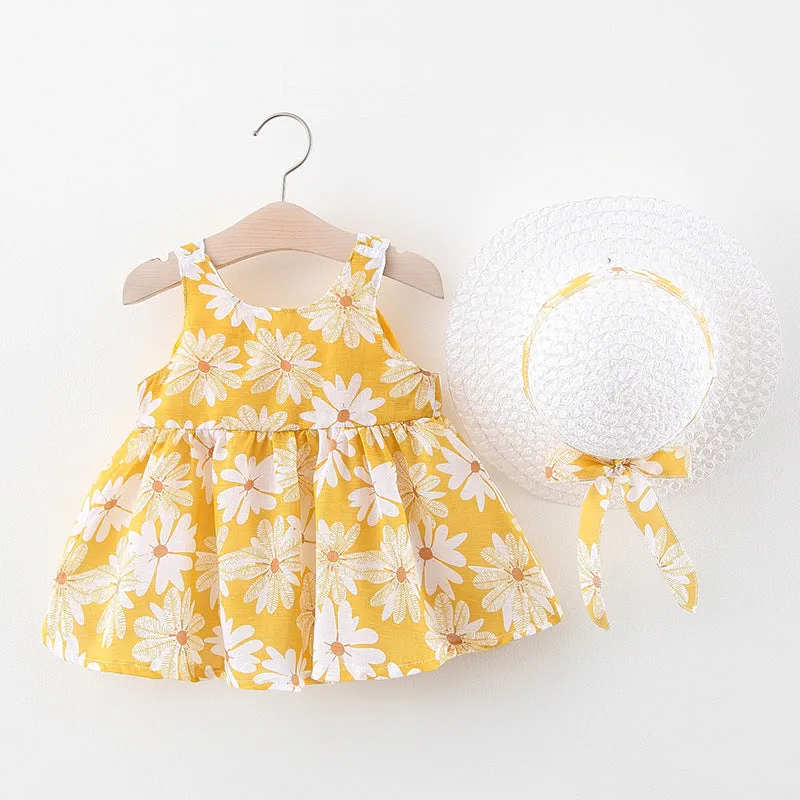 Baby Flower Pattern Bow Patched Design Sling Dress In Summer With Hat by MyKids-USA™