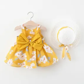 Baby Flower Pattern Bow Patched Design Sling Dress In Summer With Hat by MyKids-USA™