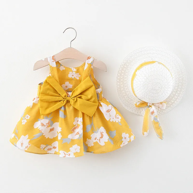 Baby Flower Pattern Bow Patched Design Sling Dress In Summer With Hat by MyKids-USA™