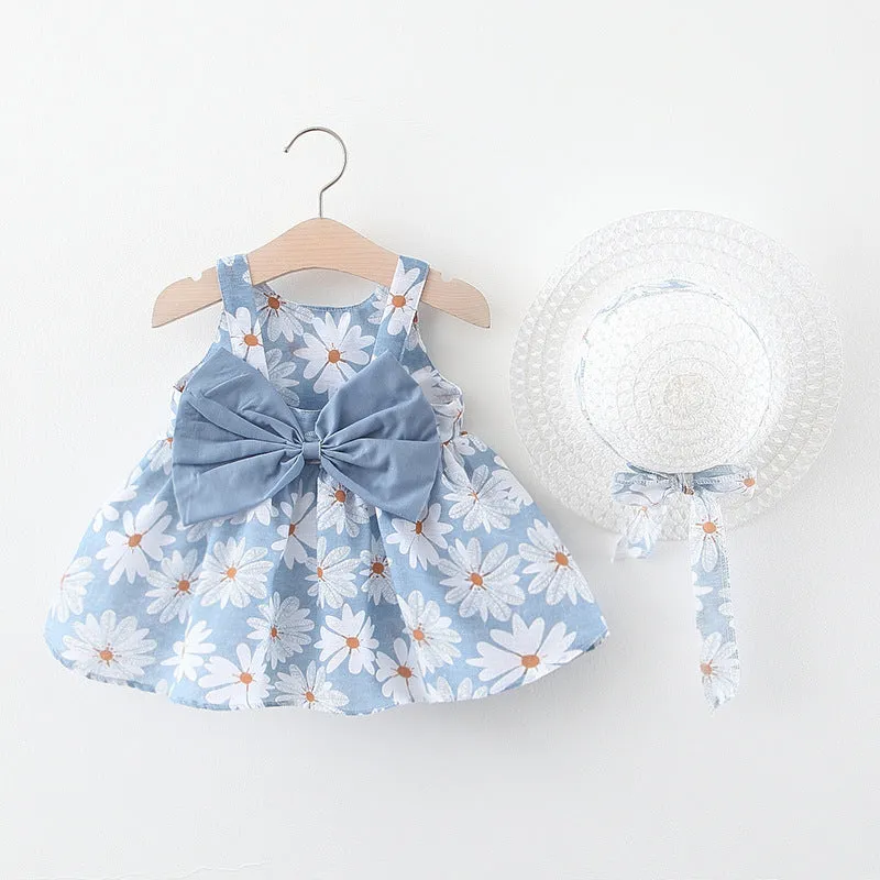 Baby Flower Pattern Bow Patched Design Sling Dress In Summer With Hat by MyKids-USA™