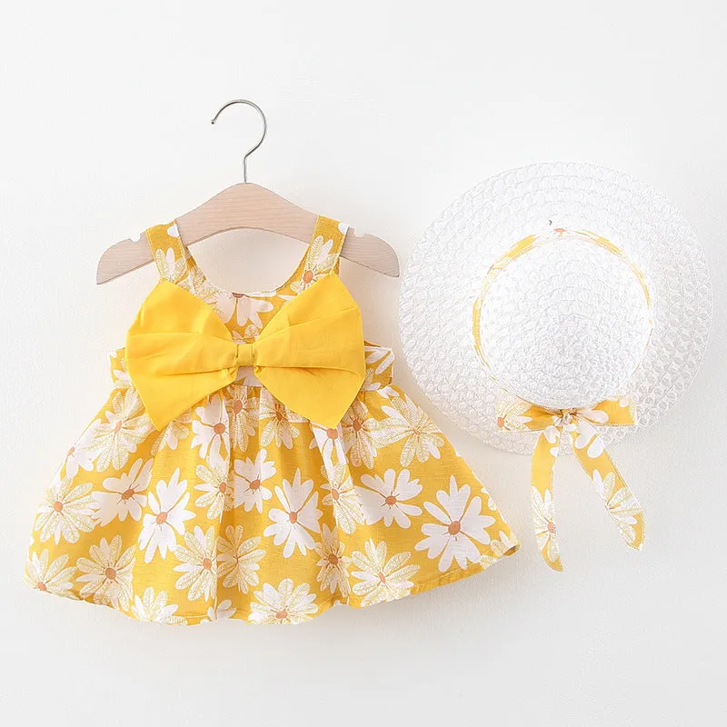 Baby Flower Pattern Bow Patched Design Sling Dress In Summer With Hat by MyKids-USA™