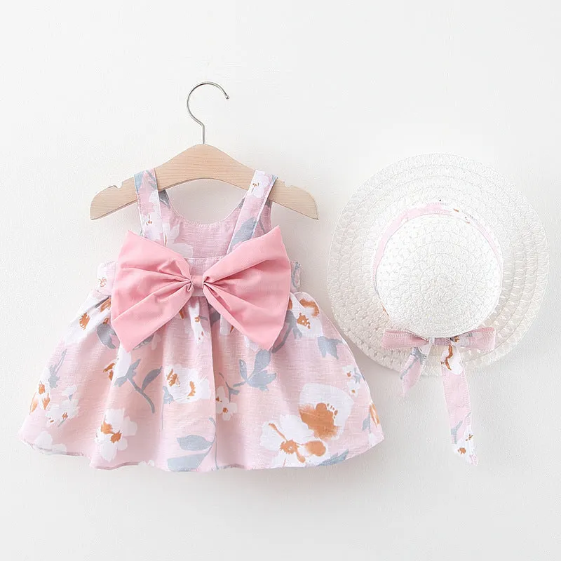 Baby Flower Pattern Bow Patched Design Sling Dress In Summer With Hat by MyKids-USA™