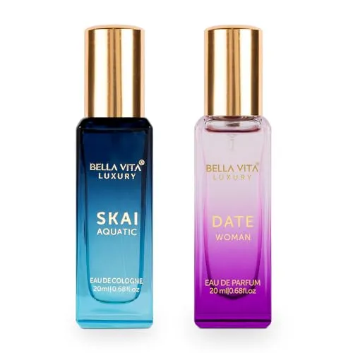 Bella Vita Luxury Skai Aquatic & Date Women Perfume Combo with Bergamot, Pink Pepper|Fruity Long Lasting EDC, EDP Fragrance Scent Pack of 2, 20 Ml Each