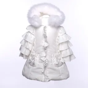 Bimbalo - Ruffle Sleeve Fur Hood Coat - Cream