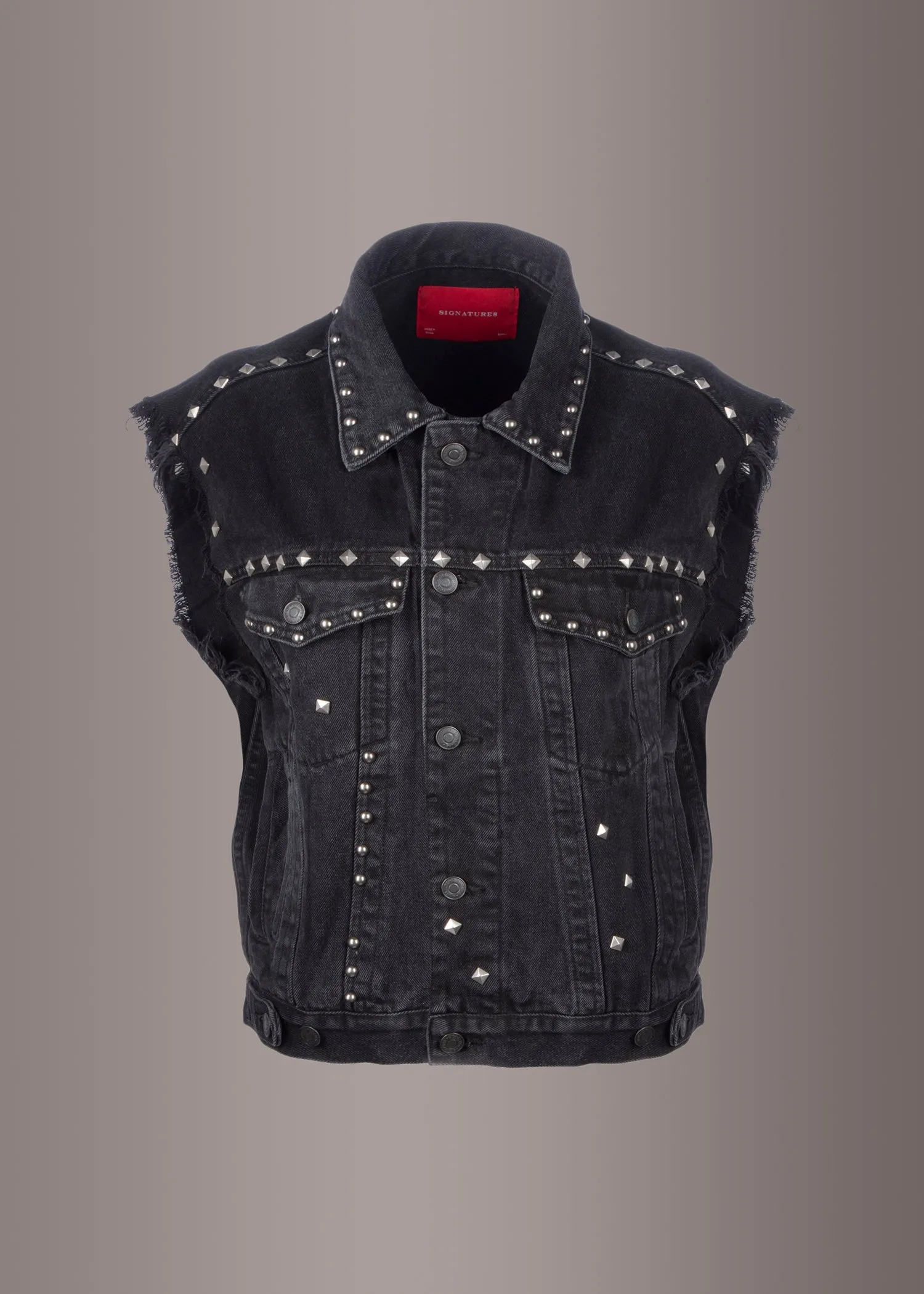 Black Denim Oversized Sleeveless Vest with Studs