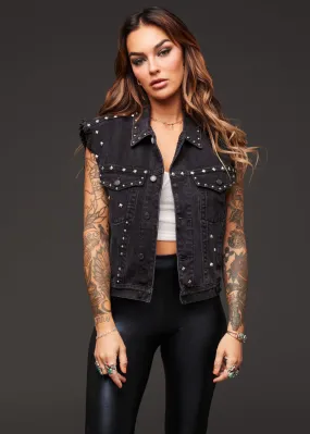 Black Denim Oversized Sleeveless Vest with Studs