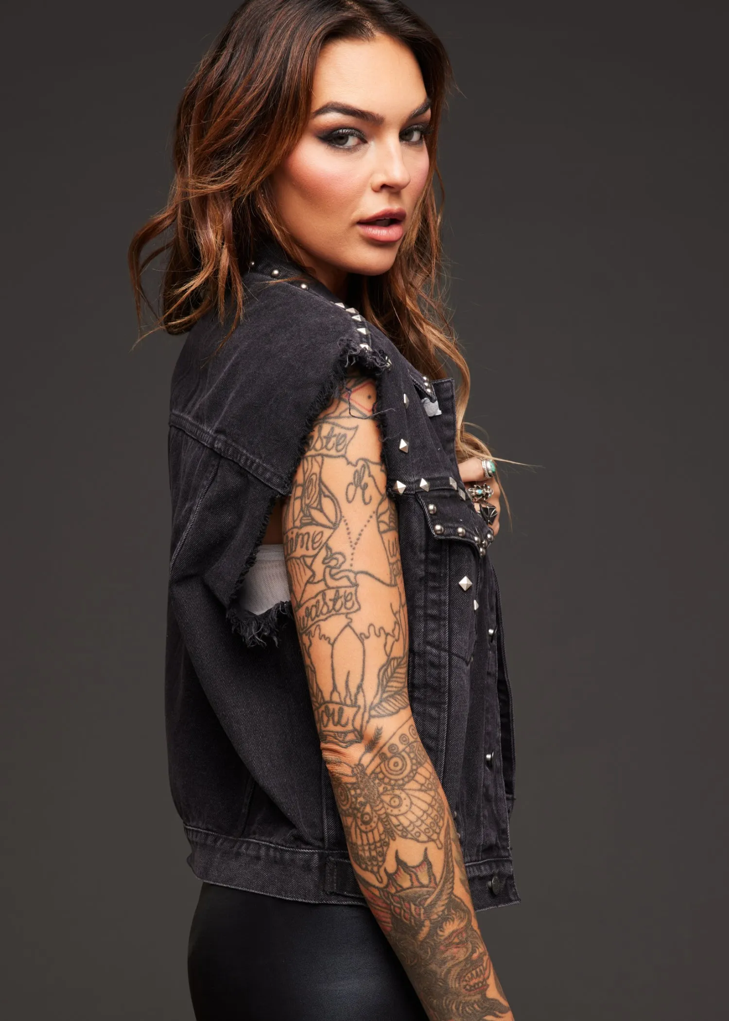 Black Denim Oversized Sleeveless Vest with Studs