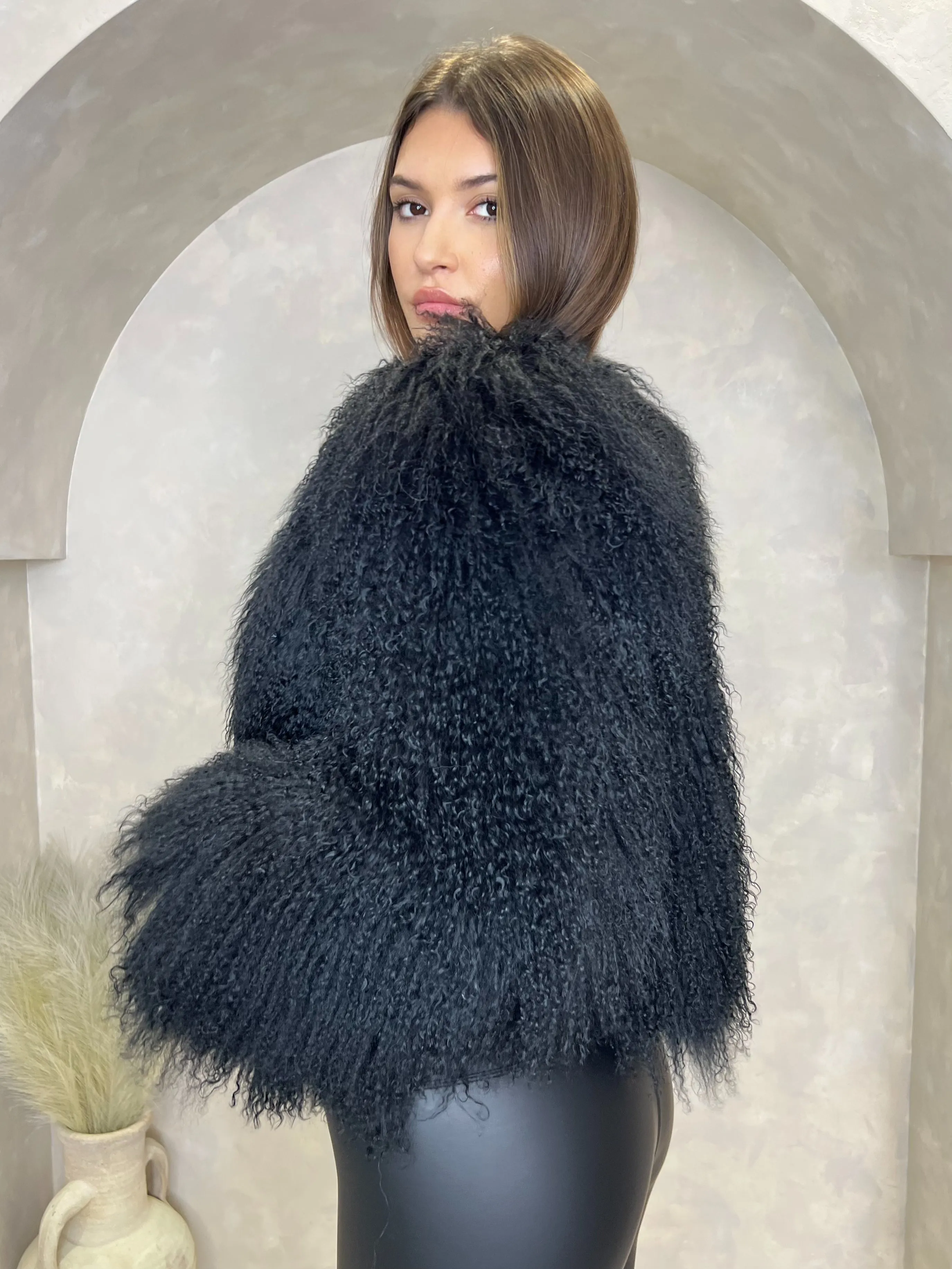 Black Luxury Mongolian Lamb Fur Coat