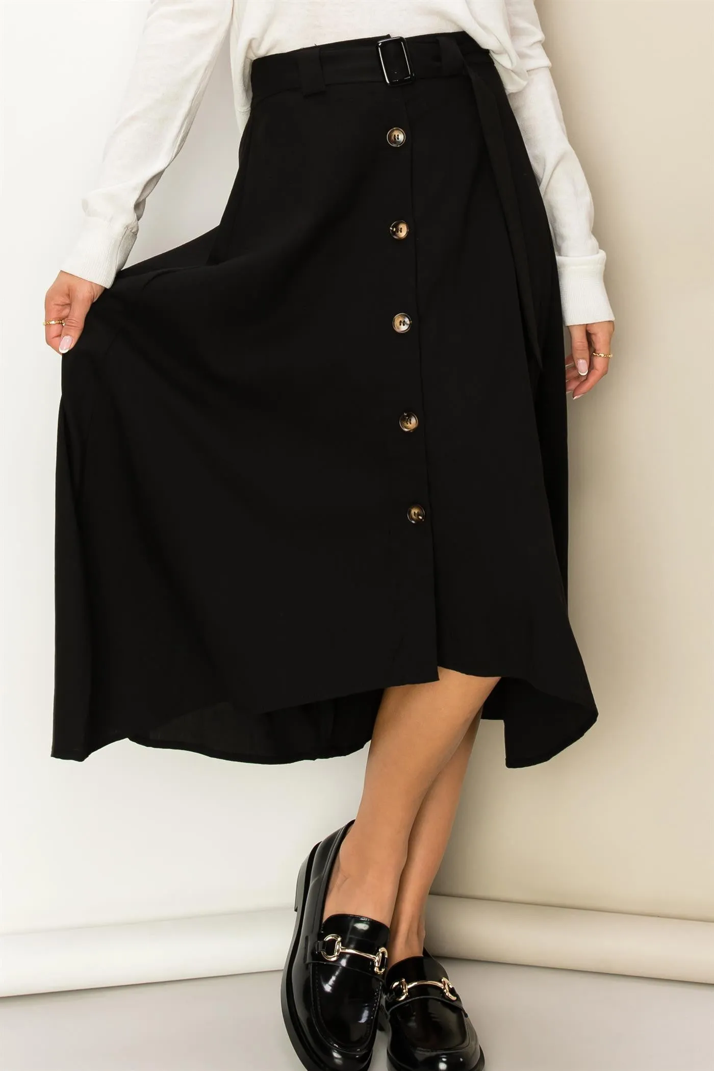 Black Modern Moves Button-Front High-Low Midi Skirt