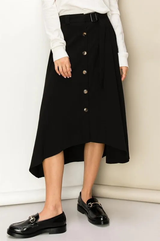 Black Modern Moves Button-Front High-Low Midi Skirt