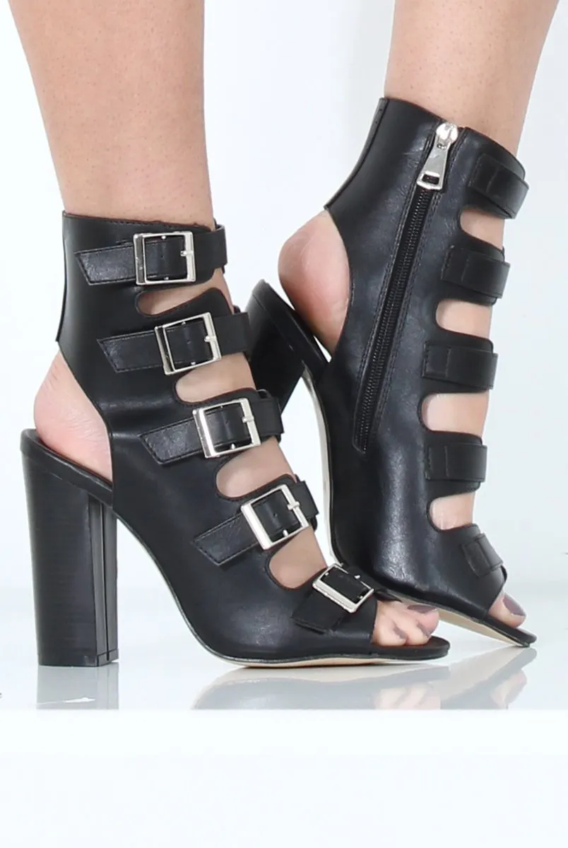 Black Multi Buckle Block Heel - Claire