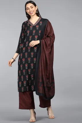 Black Polyester Ethnic Motifs Straight Suit Set