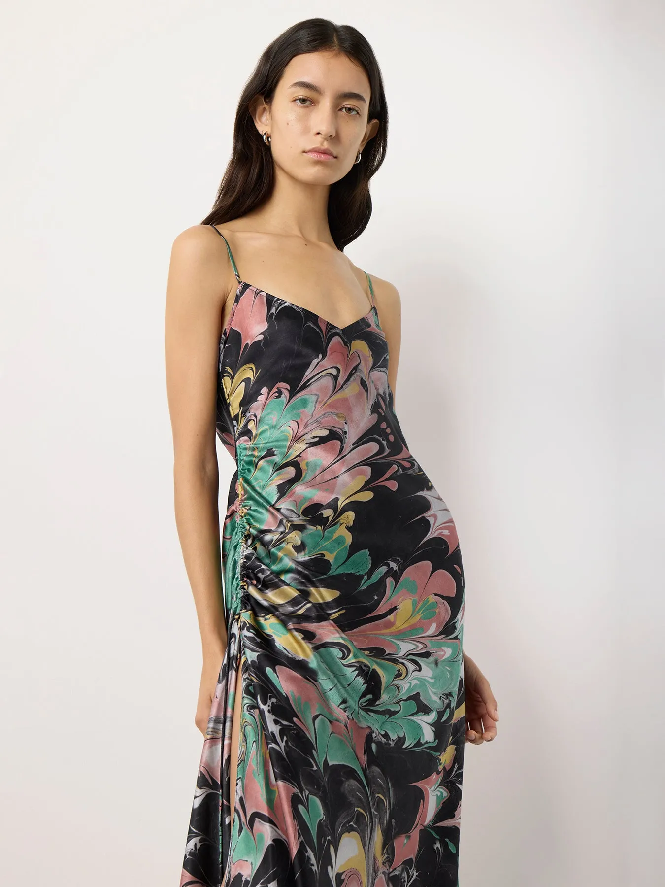 Black Print Ruched Silk Slip Dress