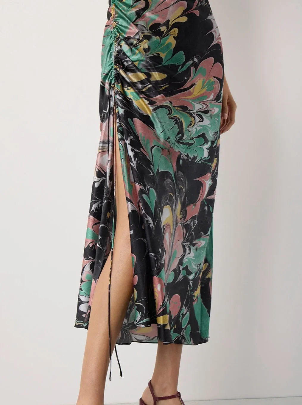 Black Print Ruched Silk Slip Dress