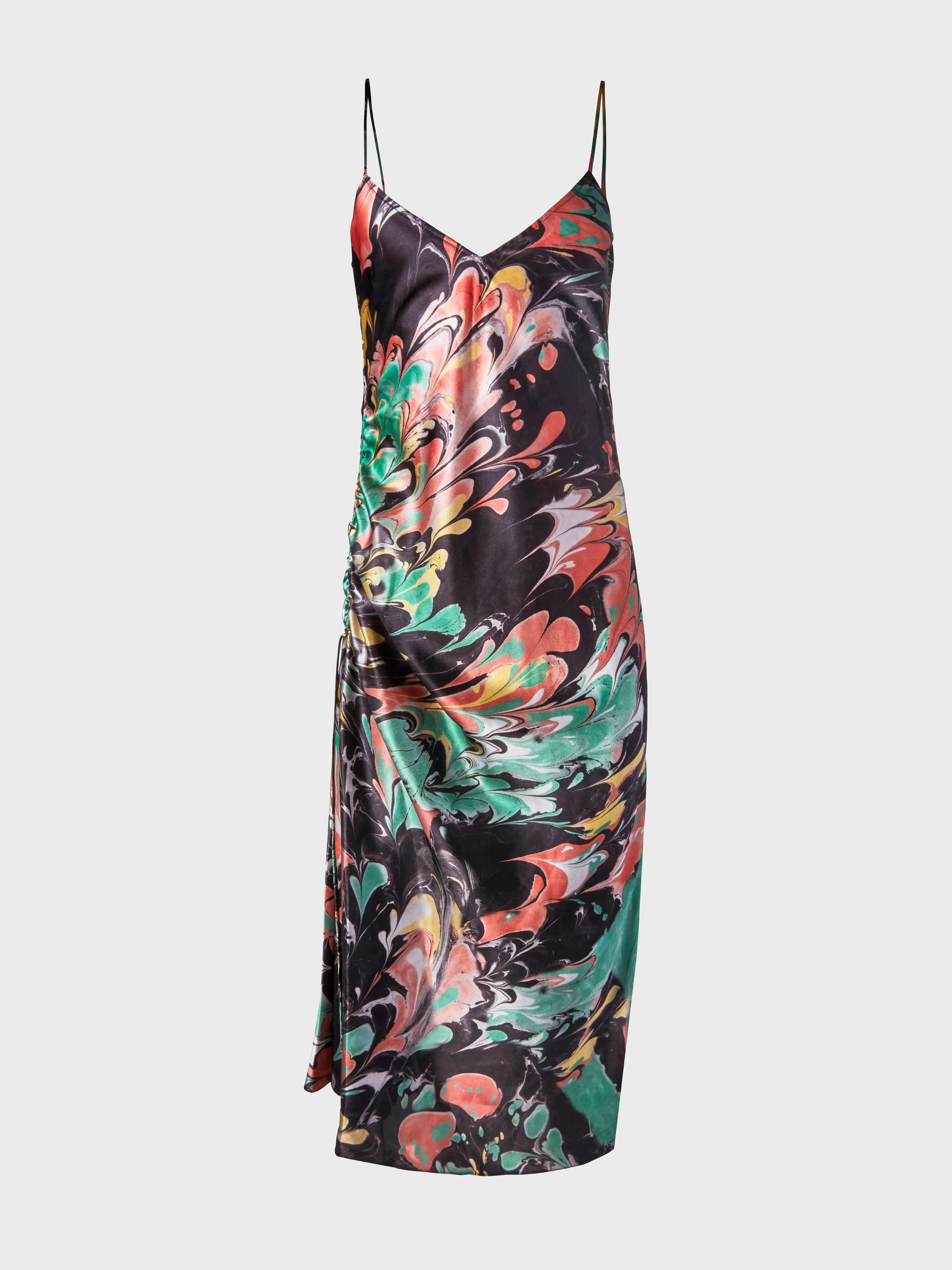 Black Print Ruched Silk Slip Dress