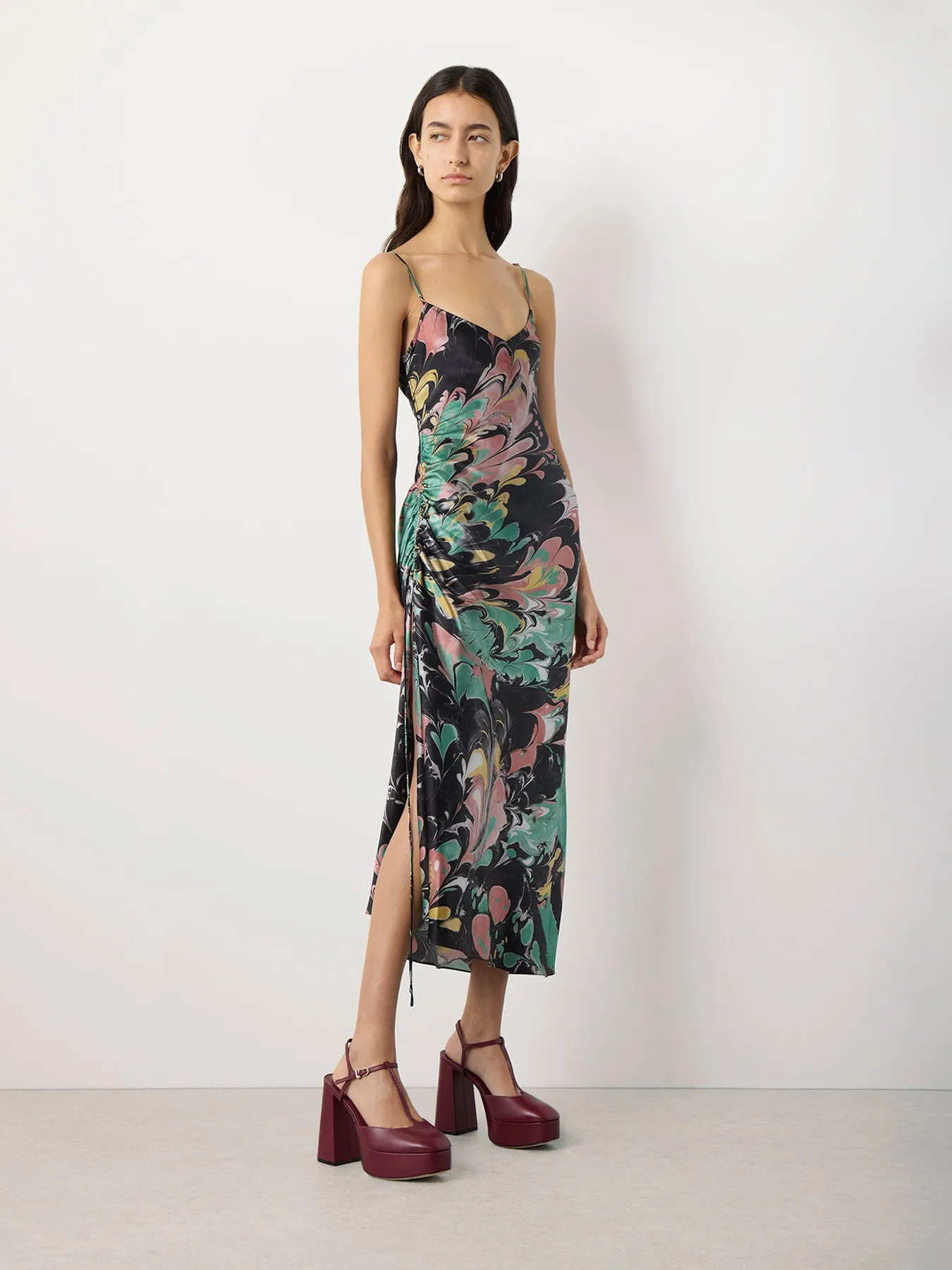 Black Print Ruched Silk Slip Dress