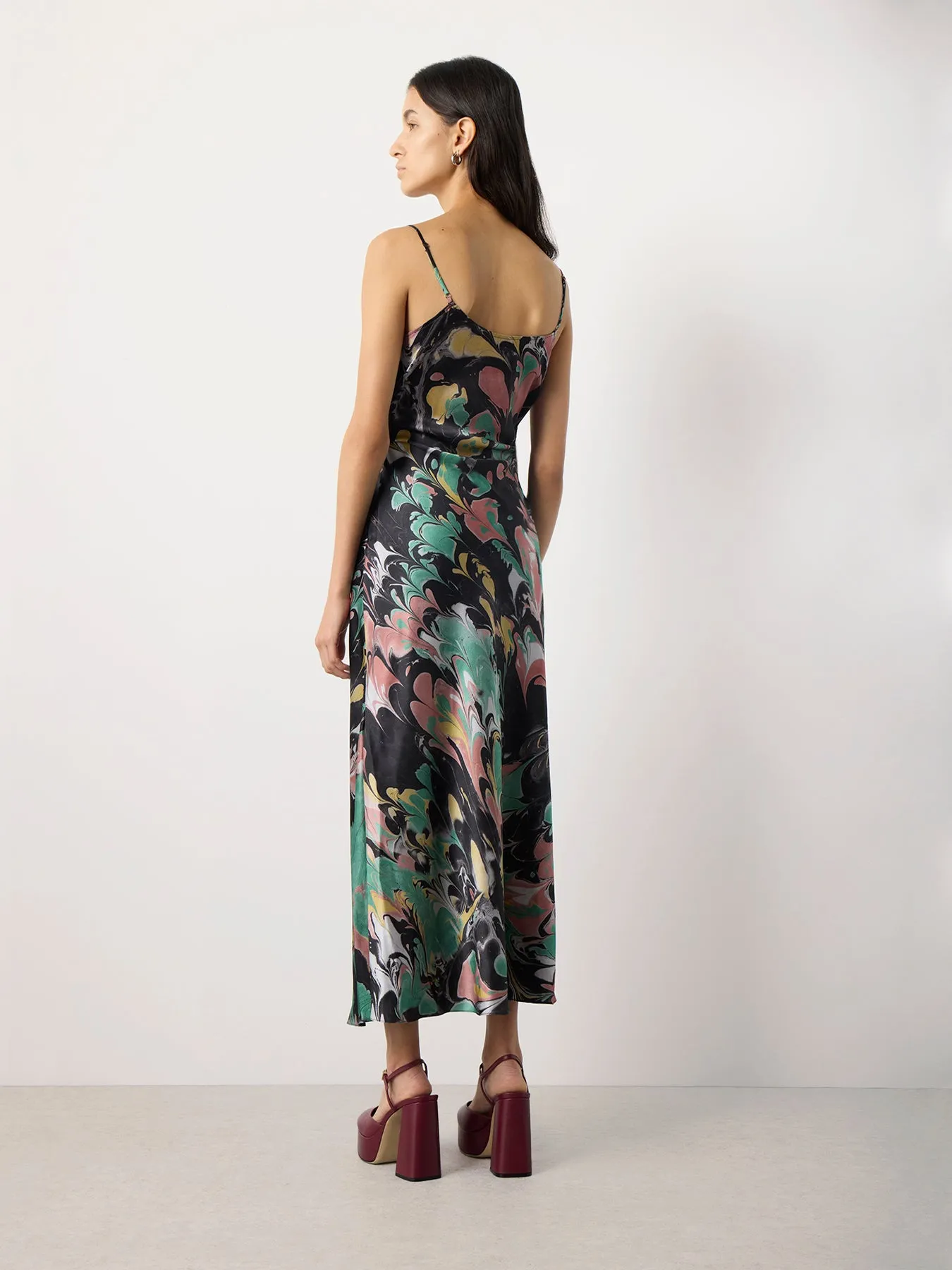 Black Print Ruched Silk Slip Dress