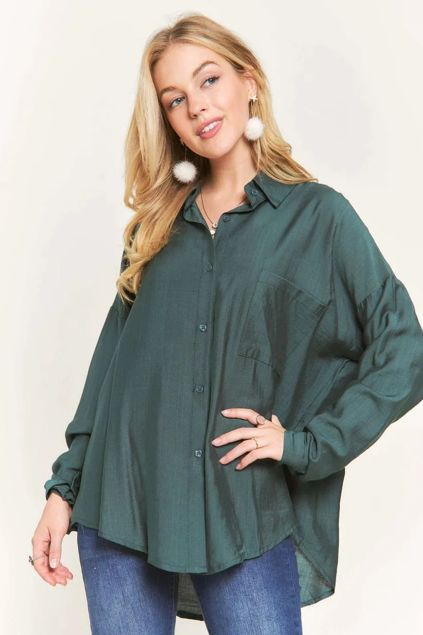 Blouse - Button Down Linen Shirt, Green