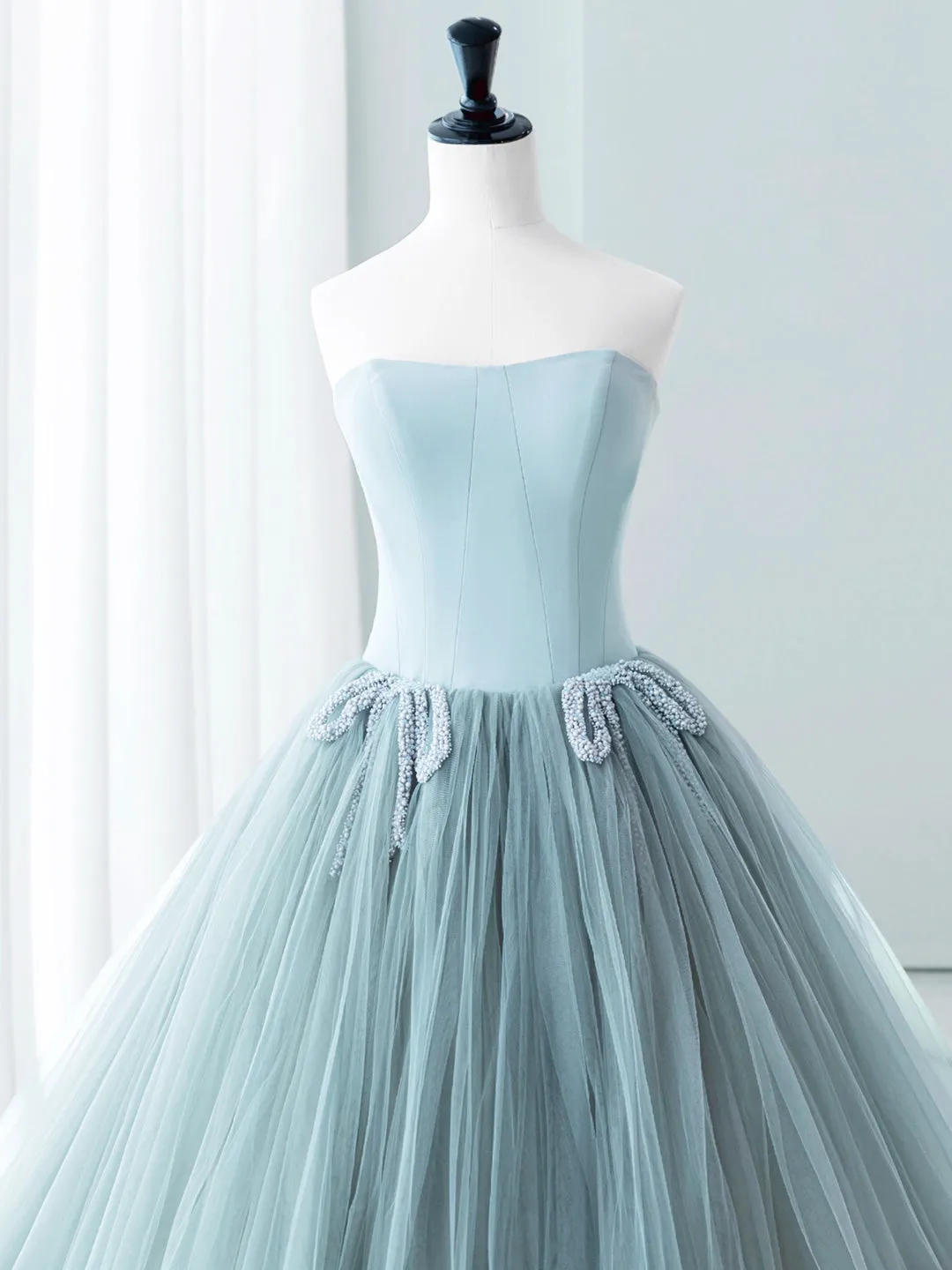 Blue Satin Tulle Long Prom Dress Lovely Strapless Evening Dress