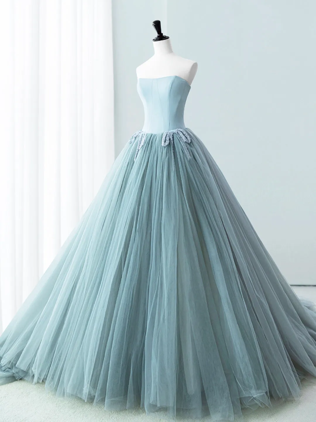 Blue Satin Tulle Long Prom Dress Lovely Strapless Evening Dress