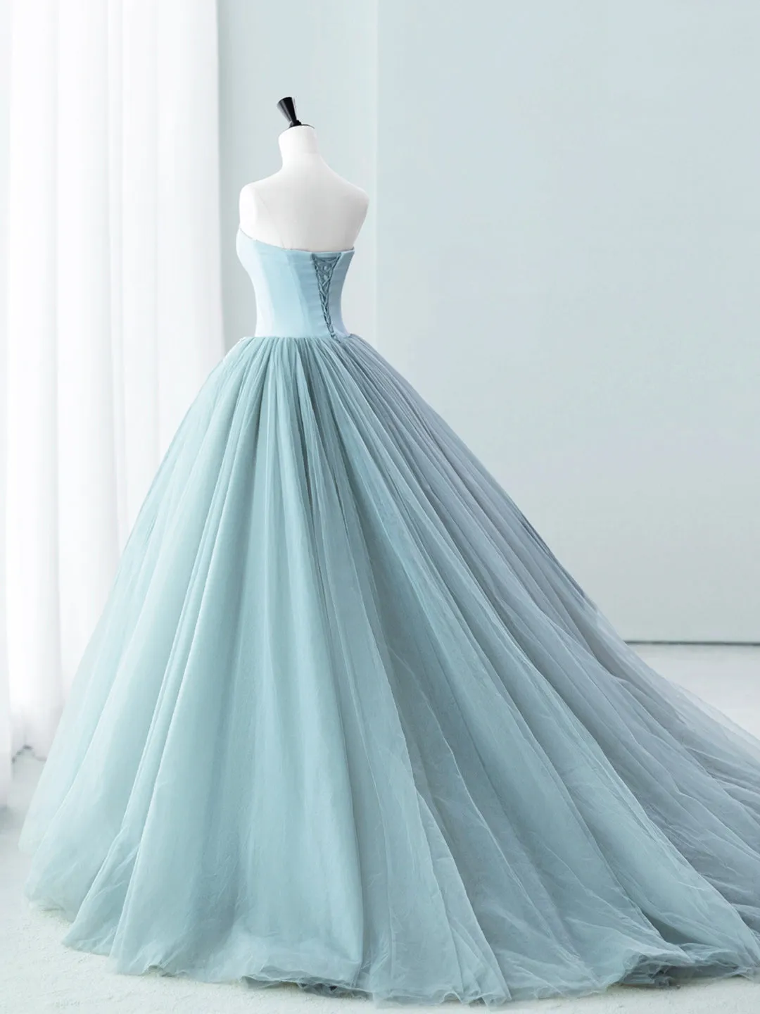 Blue Satin Tulle Long Prom Dress Lovely Strapless Evening Dress