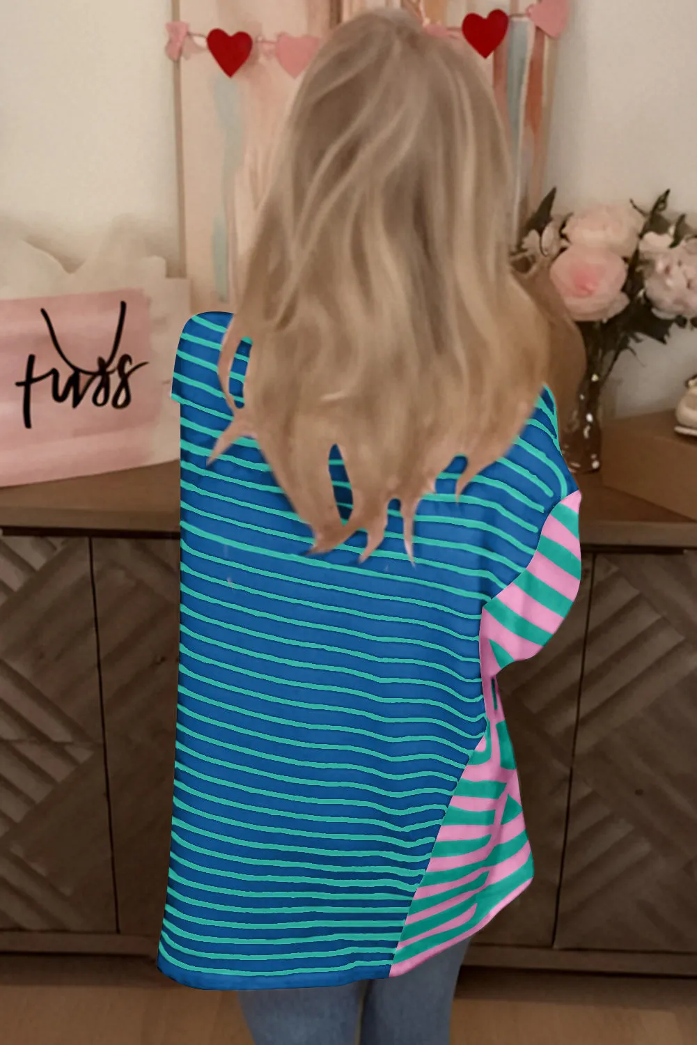 Blue Stripe Patchwork Slits Baggy T-Shirt – Relaxed, Bold, and Full of Vibes