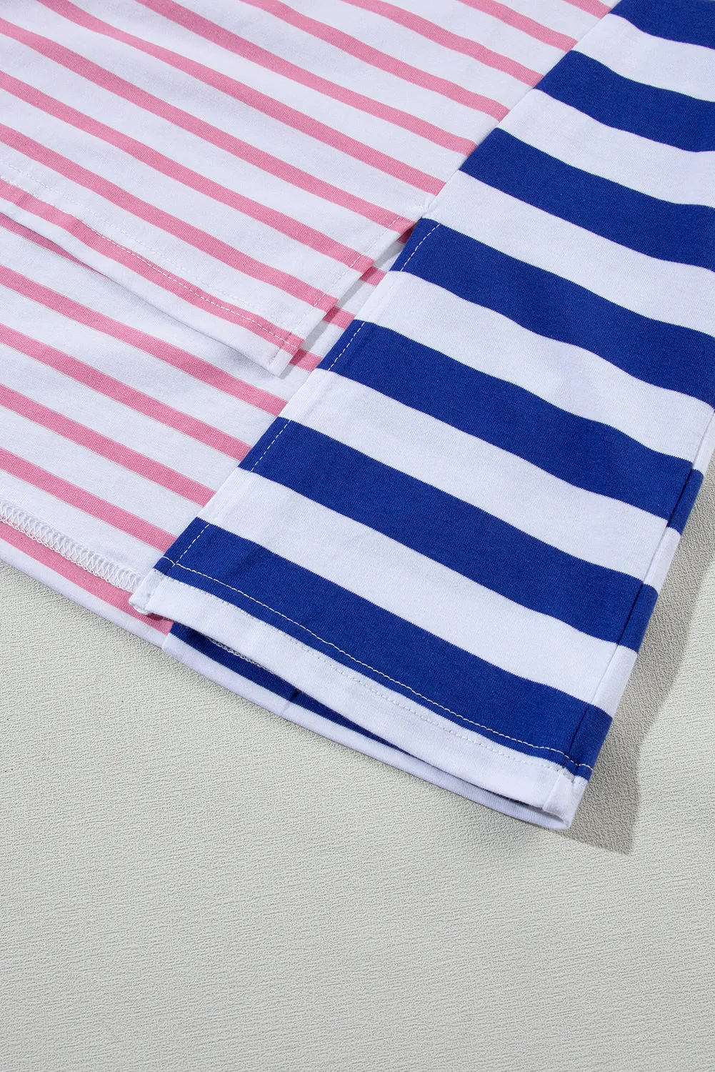 Blue Stripe Patchwork Slits Baggy T-Shirt – Relaxed, Bold, and Full of Vibes