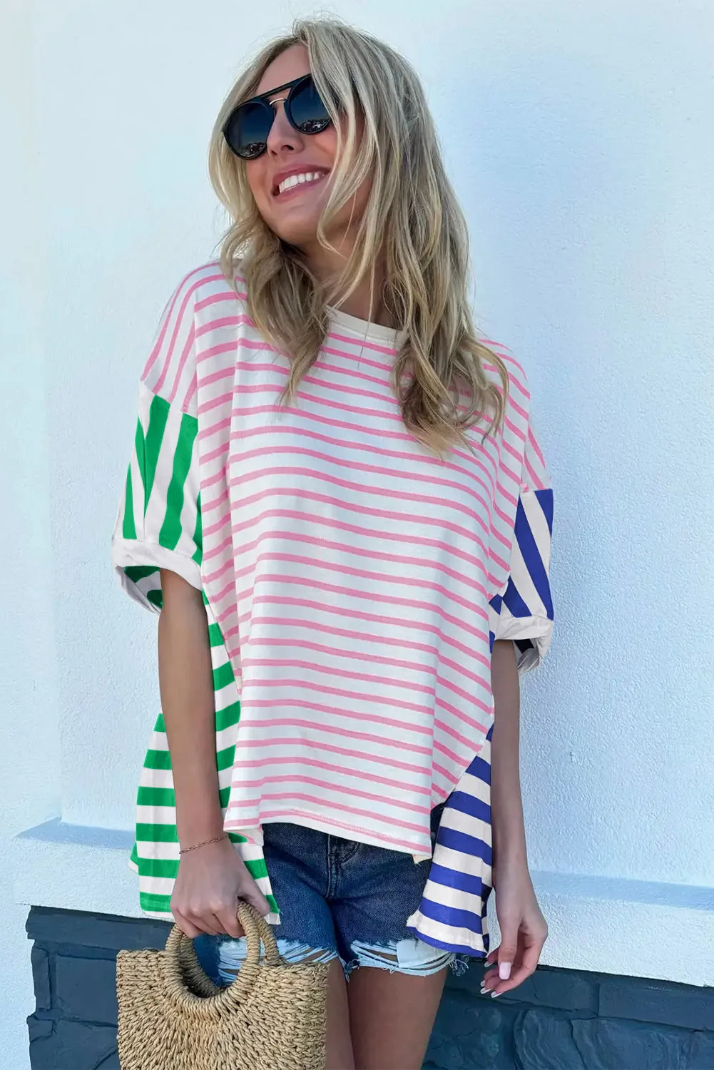 Blue Stripe Patchwork Slits Baggy T-Shirt – Relaxed, Bold, and Full of Vibes