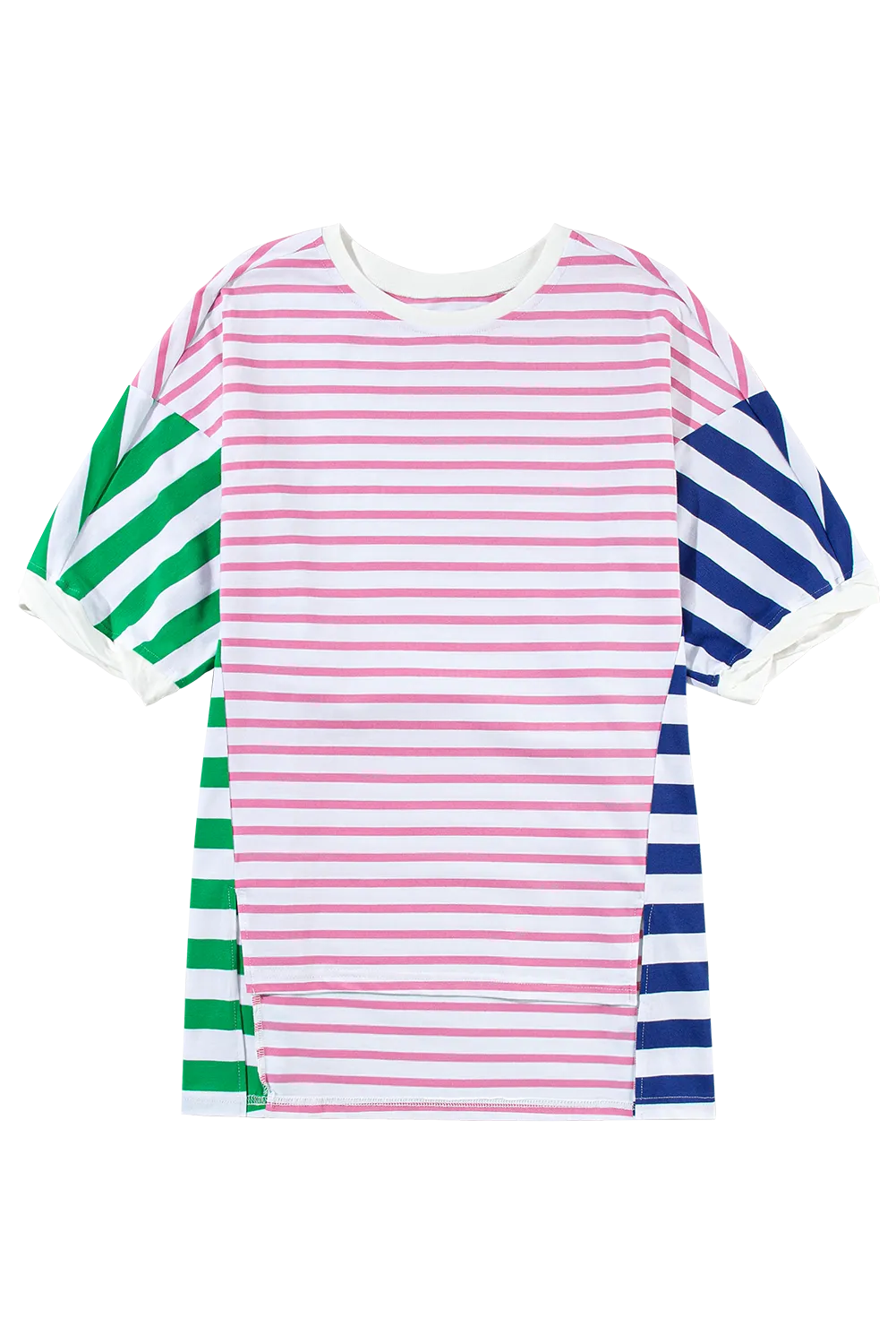 Blue Stripe Patchwork Slits Baggy T-Shirt – Relaxed, Bold, and Full of Vibes